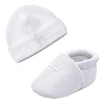 LACOFIA Baby Christening Shoes Infant Boy's Anti-Slip Soft Sole Crib Shoes and Embroidered Beanie Hat Set White 3-6 Months