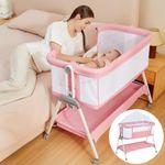 3 in 1 Baby Crib Next to Me Crib Bedside Sleeper Portable Travel Cot Bedside Crib Baby Bed with Breathable Net and Mattress,Adjustable Portable Bed for Infant,Baby Girl Boy (Pink)