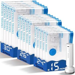 15 Pack Vacuum Storage Bags for Travel with Rechargeable Cordless Pump, Space Saver Bags for Clothes, Compression Packing Bags for Luggage and Suitcase,Blue
