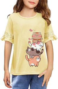 Arshiner Niñas Camisetas Manga Corta Bordado Niños Moda Ocio Camisa Verano Manga de Encaje Tops Camiseta Básica para Niñas 13-14 Años Gato