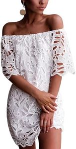 PRETTYGARDEN Women's Summer Off Shoulder Vintage Floral Lace Flare Short Sleeve Loose Elegant Mini Dress, White, X-Large