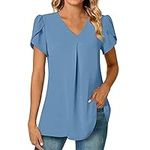 Women's Chiffon Tunic Tops - Large Size V-Neck Sexy Pleated Lightweight Top Chic Short Sleeve Spring Summer Plain Blouses Trends Loose Party Evening Shirt, Sky blue, S