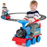 COSTWAY Kids Electric Ride on Train with Tracks, Storage Seat, Flashing Lights & Music, 6V Battery Powered Ride on Toy Car for Children Toddler Gifts (Navy Blue)