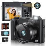 Newest 4K Digital Camera for Photography 64MP Selfie Camera with Front and Rear Dual Lens 16X Digital Zoom Compact Point and Shoot Cameras Vlogging Camera with 32G Card & 2 Batteries (Black)