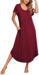 Ekouaer Women's Nightgowns Long Sleepshirt Short Flare Sleeve Sleepwear Soft Night Shirts with Pockets Cherry Red L