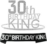 30th Birthday King Crown for Men and Boys, Sash and Pin for Men and Boys, Royal King Silver Metal Birthday Boy Crown and Birthday Sash Men and Birthday Boy Pin, Decorations for 30th Birthday Men Party