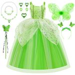 Fairy Princess Costume for Girls, Tinkerbell Costume Dress with Wing Magic Wand Necklace for Birthday Party Cosplay