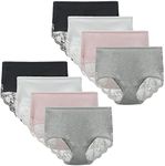 LIQQY Women's Cotton Underwear Hipster Cottontails Brief Full Coverage Briefs High-Waist Lace Panties 8 Pcs/Pack (10, Black+Pink+Gray+White)