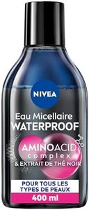 NIVEA Eau Micellaire WATERPROOF tous types de peaux (1 x 400 ml), nettoyant visage & yeux sensibles, démaquillant biphase enrichi en extrait de Thé Noir