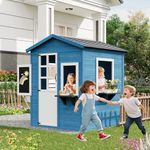Wooden Kids Outdoor Playhouse with Chalkboard, Playhouse for Kids with Windows, Flowerpot Holders, Working Door, Modern Farmhouse Design for Outdoor Imaginative Play, Blue