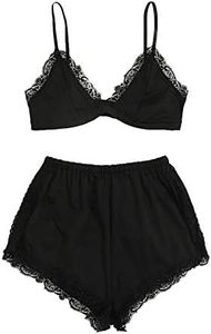 SweatyRocks Women's Lace Trim Underwear Lingerie Straps Bralette and Panty Set Solid Black Small