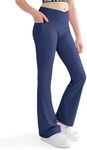 Nutyomi Girls Flare Leggings Cross High Waisted Yoga Dance Pants Kids Bell Bottom Pants with Pockets 5-13 Years, Navy With Pockets, Large