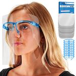 TCP Global Salon World Safety Face Shields with Blue Glasses Frames (Pack of 10) - Ultra Clear Protective Full Face Shields to Protect Eyes, Nose, Mouth - Anti-Fog PET Plastic, Goggles