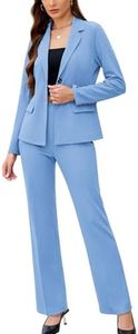 Women's 2 Piece Outfits Long Sleeve Solid Blazer with Straight Leg Pants Elegant Casual Business Sets Suit Light Blue