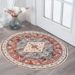 KOZYFLY Washable Round Rugs 3Ft Red Boho Small Entryway Rug Indoor, Non Slip Rubber Backed Circle Rug 3'X3', Faux Wool Front Door Mat, Tufted Printed Round Carpet for Entryway Porch Office