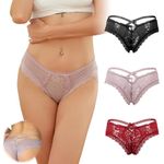 ohyeahlady Women's Sexy Lace Thong Plus Size Tanga Briefs Panties Strings Lace Lingerie Naughty Cheeky Underwear, 3pack-black/ Purple/Red, X-Small-Small