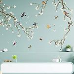 4 Pieces Birds on Tree Branch Wall Decals Blossom Flower Wall Stickers Removable DIY Floral Butterflies Tree Kids Room Decor Tree Branch Sticker Watercolor Wall Mural Sticker for Bedroom Living Room