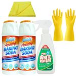 Cleaning Supplies Bundle: Baking Soda and White Vinegar for Cleaning - Includes 2 x Duzzit Baking Soda 350g, Dri Pak Pure White Vinegar Cleaning Spray, Microfibre Cloth, and Yellow Cleaning Gloves