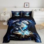 Blue Cool Dragon King Size Comforter Set,Kids Diamonds and Gold Decor All Season Bedding Set,Teens Lightning Comforter,Flying Dragon Decor Quilt Set Bedroom Collection 3Pcs