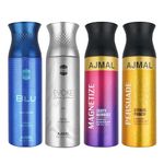 Ajmal 1 Blu Homme for Men, 1 Evoke Silver Edition for Him for Men, 1 Magnetize and 1 Persuade for Men & Women Deodorants each 200ML Combo pack of 4 (Total 800ML)