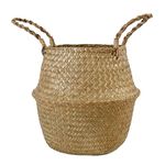 FEILANDUO Seagrass Belly Basket Woven Plant Pot with Handle, Natural Foldable Laundry Toy Storage Baskets for Shelves (Natural, Widest Part 27 x 24cm)