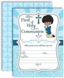 First Holy Communion Religious Party Invitations for Boys (Darker Skin, Black Hair), 20 5"x7" Fill In Cards with Twenty White Envelopes by AmandaCreation
