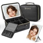 JUSRON Travel Makeup Bag with Lighted Mirror 3 Color Scenarios Adjustable Brightness, Portable Cosmetic Organizer Case with Adjustable Dividers Makeup Brushes Storage Organizer Black