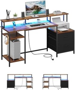 Scrivania PC, Tavolo per Computer, Scrivania con 2 Cassetti, Scrivania Gaming con LED e Presa, Scrivanie con Scaffale per Stampante e Supporto per Monitor, 2 Ganci, Ripiani Regolabili, 160 cm, Marrone