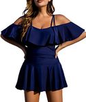 COCOPEAR Women's One Piece Flounce Swimsuit Off Shoulder Bathing Suit Tummy Control Swimdress(FBA) Navy L/10-12