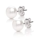 MABELLA 925 Solid Sterling Silver AAA Genuine Freshwater Cultured Pearl 8MM White Button Stud Earrings Mother's Day Gifts for Her