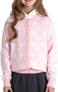 BOBOYOYO Girls Cute Cardigan 100% Cotton Girls Button Up Sweater Long Sleeve Kids Knit Cardigan Crewneck Casual Kawii Clothes, Pink & Bow, 7-8 Years