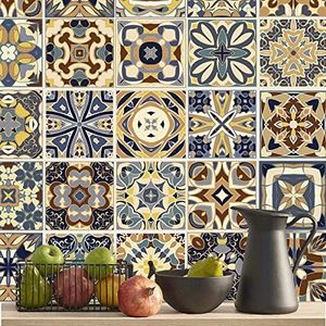 ANHUIB 30Pcs Moroccan Tile Stickers,Talavera Tile Decals for Kitichen,Mandala Sticky Tiles for Bathroom,Yellow Mosaic Adhesive Wall Tiles for Toilet Living Room Home Decor Vinyl Stick on Tiles 15x15CM