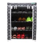 FLIPZON Multipurpose 4-Tiers Shoe Rack with Dustproof Zip Cover, Multiuse Wide Space Storage Rack Made by Non Woven Fabric for Footwear, Toys, Clothes (4 Shelves) (Black Flower)