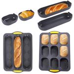 JAOGAUS 6 Pack Pan Silicone Baking Moulds,3 Grid Mini Baking Tray,9 Grid Silicone Bread Tin for Baking,Non-Stick Perforated, for Baking Loaves,French Breads,Breadstick,Bread Rolls (Grey)