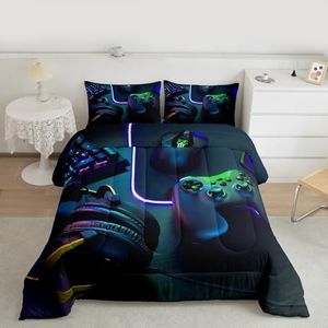 Feelyou Gamer Kids Comforter Set for Boys Teens Game Headphones Keyboard Comforter Mouse Gamepad Bedding Set Queen Size Black Green Gaming Lightweight Reversible Quilt Set Decor with 2 Pillowcases
