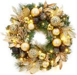 22 Inch Artificial Christmas Wreath, Pre-Lit Lighted Christmas Wreath with Ball Ornaments, Golden Leaves, Pine Needles, Winter Xmas Wreath with Timer for Door Window Fireplace