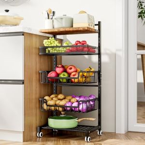 HapiRm Fruit Basket Kitchen Cart - 5 Tier Adjustable Vegetable Storage Rack, Large Capacity Rolling Kitchen Carts on Wheels for Snack Onion and Potato Storage