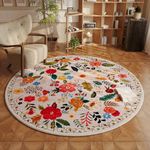 Rugcomf Round Rug 6ft Washable Circle Rug Non Slip Low Pile Boho Floral Small Circular Rug for Bedroom, Bathroom, Entryway, Kids Room, Office, College Dorm(Beige)