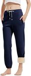 Gihuo Women's Sherpa Lined Sweatpants Winter Warm Fleece Lined Sweatpants with Pockets Fleece Jogger Pants Athletic (Navy-XXL)