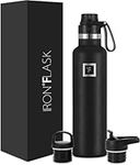 IRON °FLASK Sports Water Bottle - 710 ml, 3 Lids (Spout Lid), Vacuum Insulated Stainless Steel, Hot Cold, Double Walled, Thermo Mug, Standard Metal Canteen (Midnight Black)