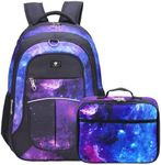 Fenrici Galaxy Backpack and Lunch Box Set for Girls and Boys, 18 inch Large School Bag and Insulated Lunch Box for Kids, Purple, Galaxy