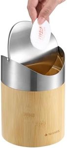 Navaris Poubelle de Salle de Bain - Petite Poubelle de Table pour Bureau ou WC - Poubelle avec Couvercle Basculant Amovible - Design Esthetique - Bambou et Acier Inoxydable