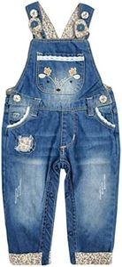KIDSCOOL SPACE Baby Girls Easy Diaper Changing Snap Legs Deer Embroidered Denim Overalls,Blue,9-12 Months