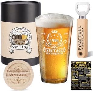 30th Birthday Gifts for Men, Vintage 1994 Beer Glass, Wooden Coaster, Wooden Bottle Opener, Vintage Beer Gift Box, 1994 Poster Anniversary Card and Greeting Card 30th Birthday Gift Ideas for Him