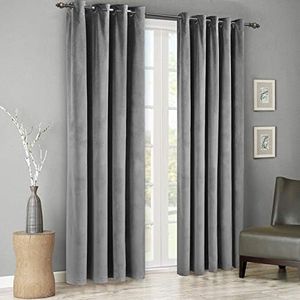 Singinglory Grey Velvet Curtains for Bedroom 90x90 Drop Pair, Thermal Insulated Heavy Eyelet 2 Panels with Tiebacks (Silver Grey, 90x90)