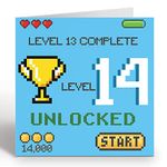 GIGGLE GREETINGS Gamer Birthday Card For 14 Year Old Girl or Boy - Level 14 Unlocked Video Gaming Birthday Card With Blue Envelope - Eco Friendly Card