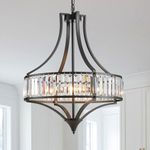 Majhoiw 21.6" Crystal Chandeliers for Dining Room Rustic Farmhouse Chandelier with Round Metal Shade 6-Light Large Gold Dining Room Light Fixture for Kitchen, Hallway