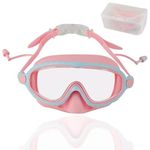 PROBEROS® Swimming Goggles for Kids, 2-in-1 Wide View Goggles Lenses with Anti-Choke Nose Cover & Intergrated Earplugs, Adjustable Headstrap No Pressure Swim Goggles for Children for 4-12 Years, Pink