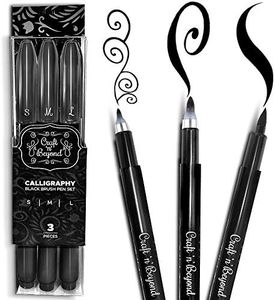 Craft 'n' Beyond Calligraphy Brush Pens Pack of 3 Small, Medium and Large Markers for Hand Lettering, Art Drawing, Sketching, Scrapbooking, Journaling - Beginner Kit with Fadeproof Black Ink