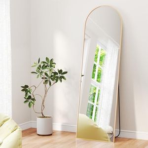 Yezi Full Length Mirror Arched, Standing or Wall-Mounted, 3.5mm Shatterproof Glass, Modern Aluminum Alloy Frame, Floor Mirror for Bedroom, Living Room, Dressing Room, 165x60cm,Gold